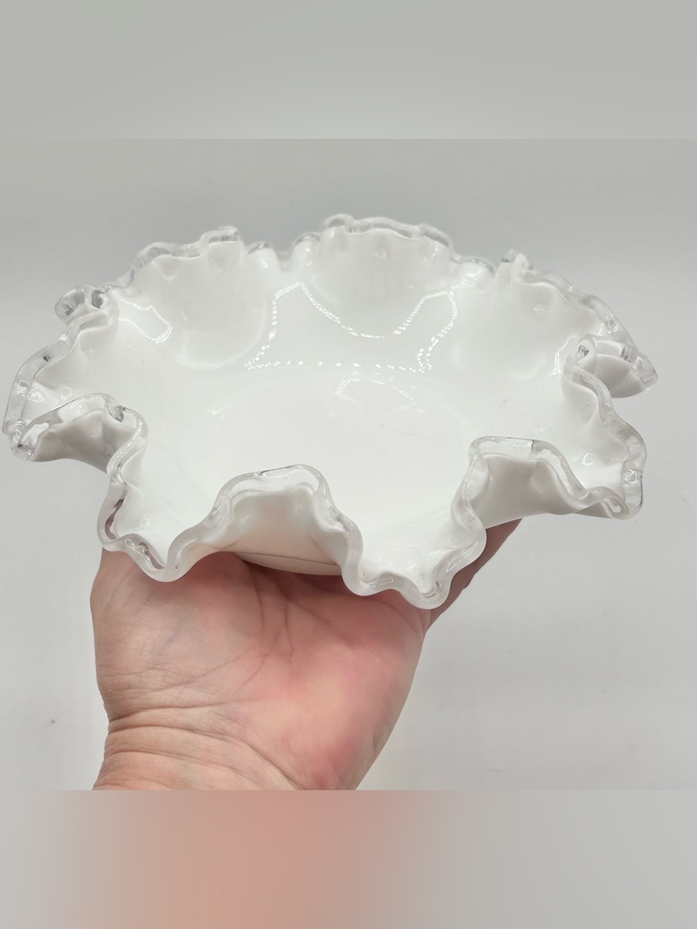 Vintage Fenton Silver Crest Candy Dish White Milk Glass Ruffle Edge Bowl 7.5”